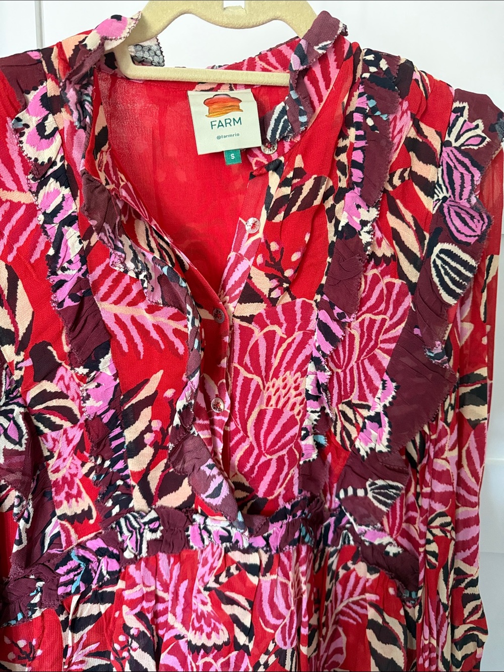 FARM Rio Red & Pink Floral Ruffle Peasant Tunic - Picture 3 of 5